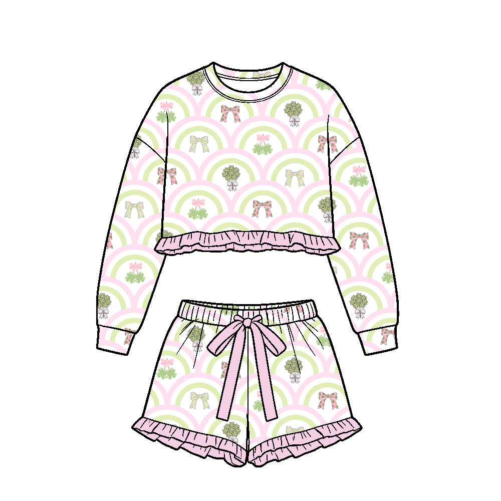 9.15 GLS0261 Preorder 4‑leaf Clovers Bows Rainbow Print Print Long Sleeve Top Shorts Girls St Patrick Day Clothes Set