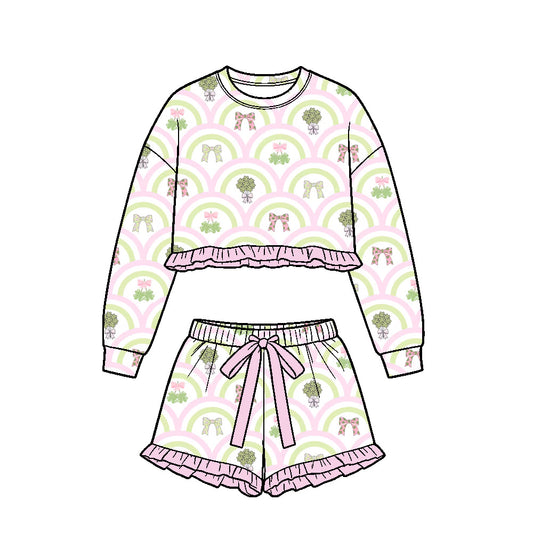 9.15 GLS0261 Preorder 4‑leaf Clovers Bows Rainbow Print Print Long Sleeve Top Shorts Girls St Patrick Day Clothes Set