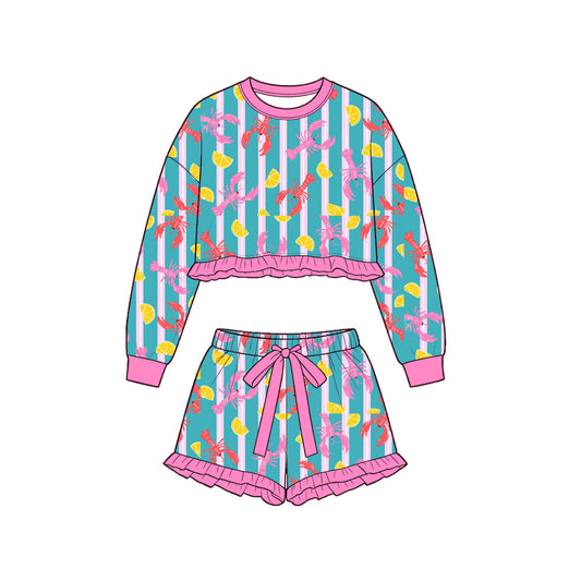 9.22 Preorder GLS0264 Kids Girls Crayfish Lemon Long Sleeve Top with Shorts Outfit