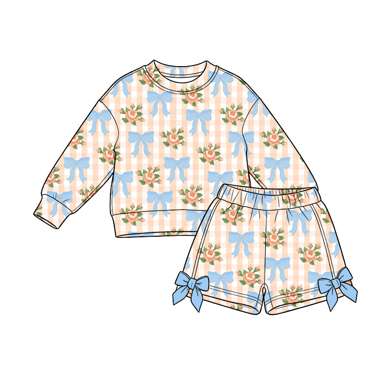 9.22 GLS0265 Preorder Flowers Bows Checkered Long Sleeve Top Shorts Girls Clothes Set