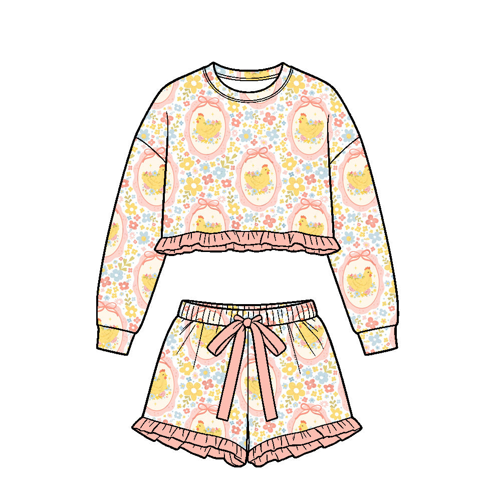 9.25 GLS0266 Preorder  Kids Girls Easter Chicken Floral Long Sleeve Top Shorts Outfit