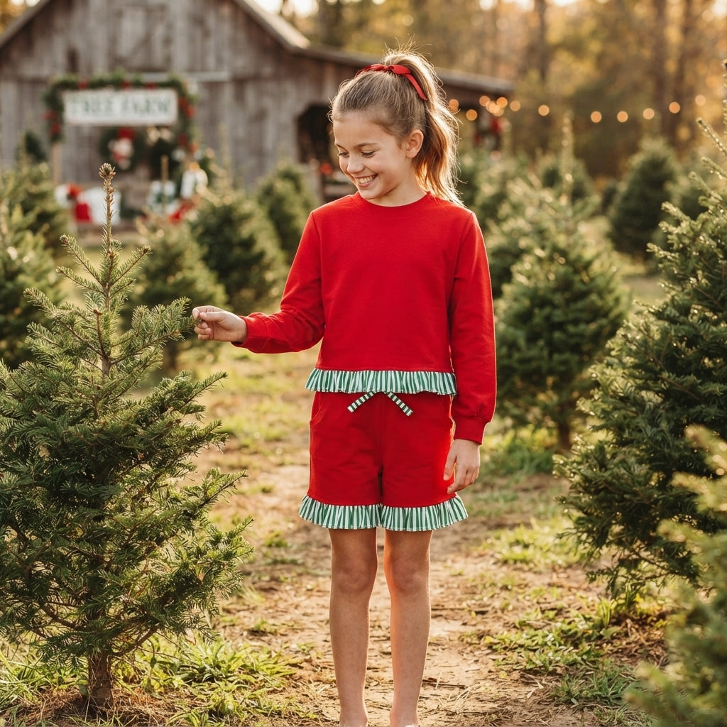 GLS0269 Girls Cotton Red Long Sleeve Green Striped Ruffle Shorts Outfits