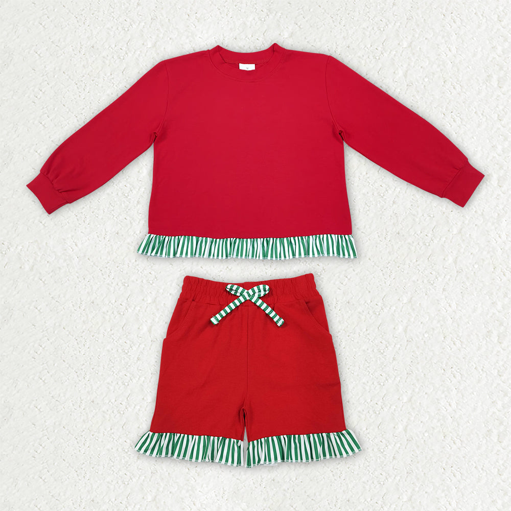 GLS0269 Girls Cotton Red Long Sleeve Green Striped Ruffle Shorts Outfits