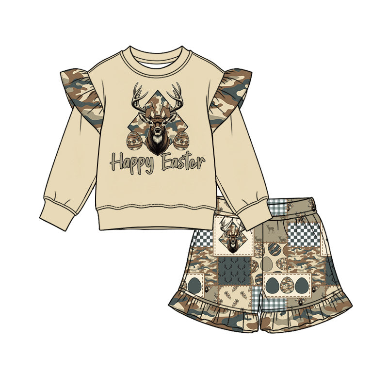 10.13 GLS0271 Preorder Happy Easter Kids Hunting Deer Eggs Top Shorts Outfit