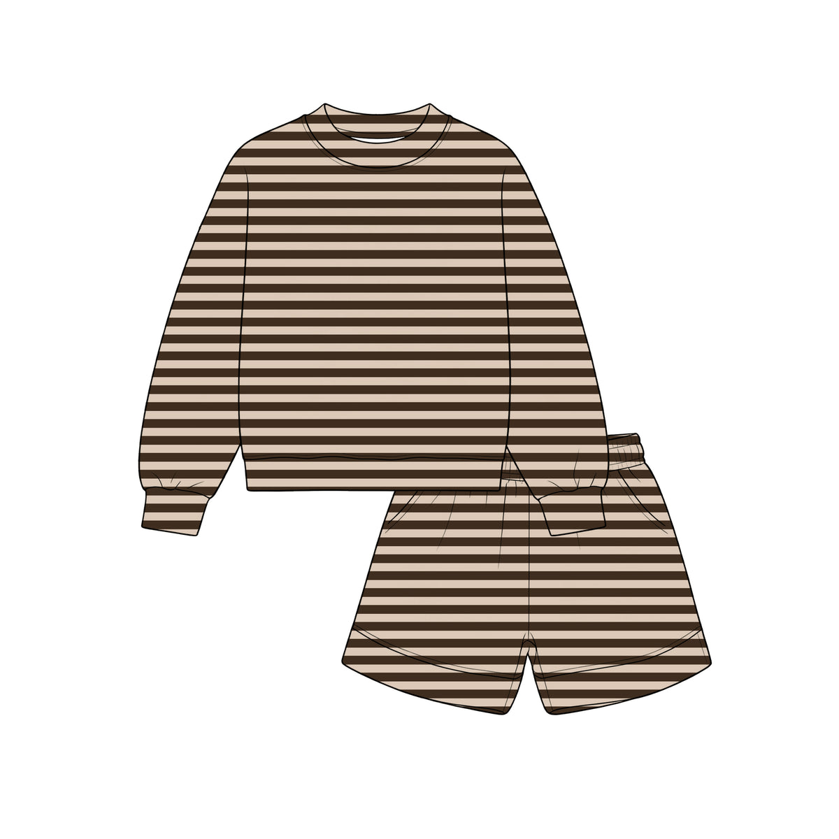 10.29 GLS0274 Preorder Brown & Beige Strips Long Sleeve Top Pockets Shorts Girls Clothes Set