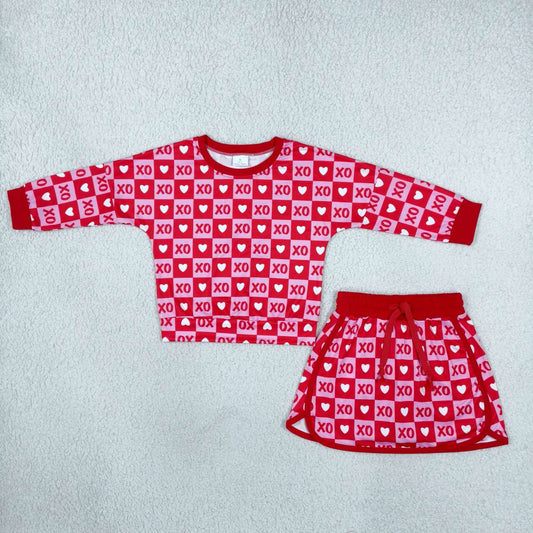 XO Heart Checkered Print Long Sleeve Top Skirts Girls Valentine's Day Clothes Set