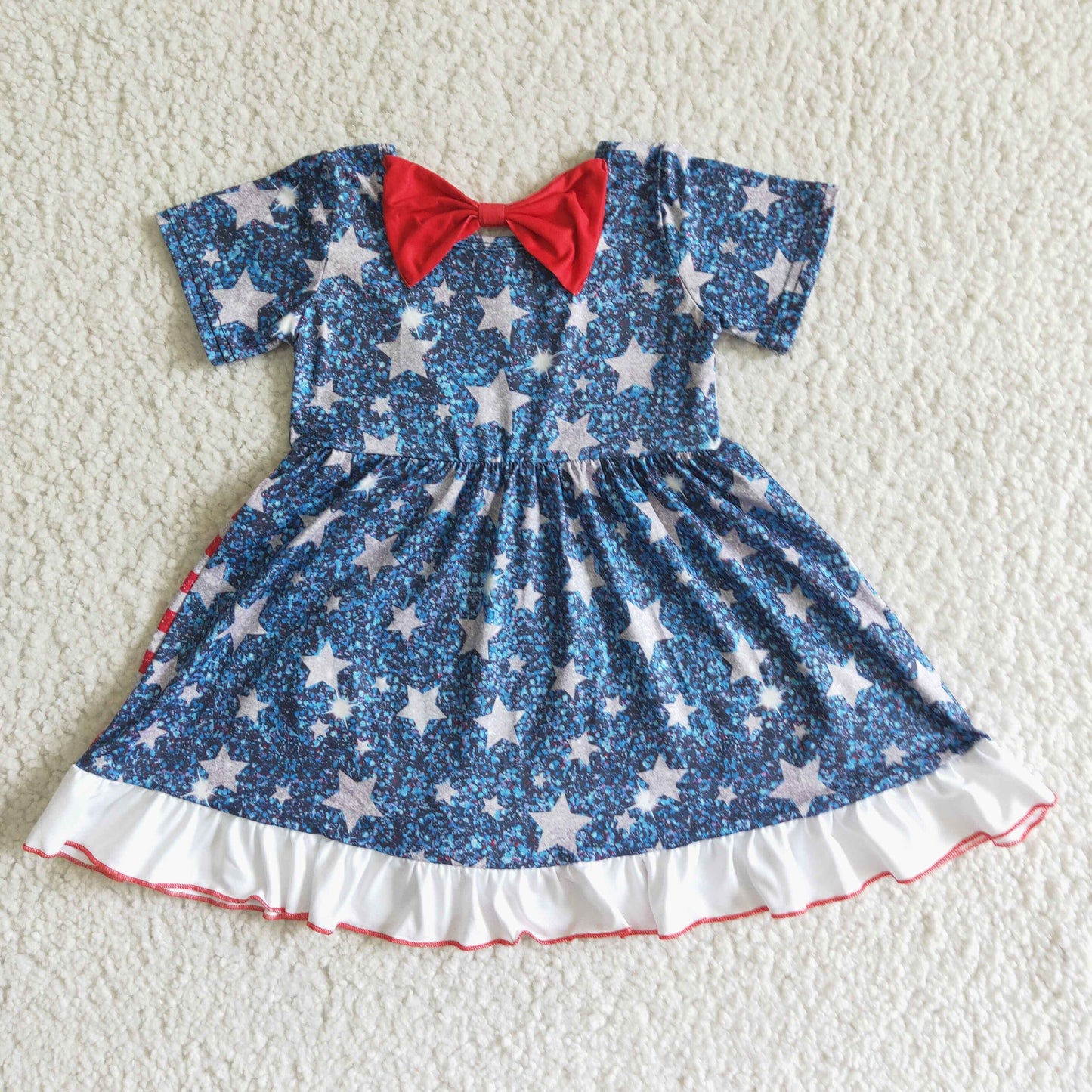 (Promotion)GSD0033 Stars Stripes Print Ruffle Girls 4th of July Knee Length Dress
