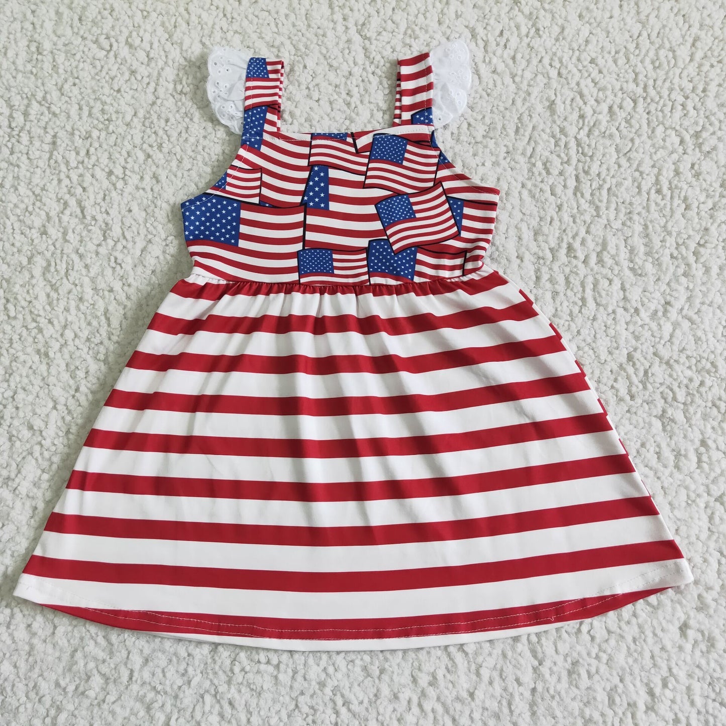 (Promotion)GSD0042 Flag Stripes Print Girls 4th of July Flutter Sleeves Knee Length Dress