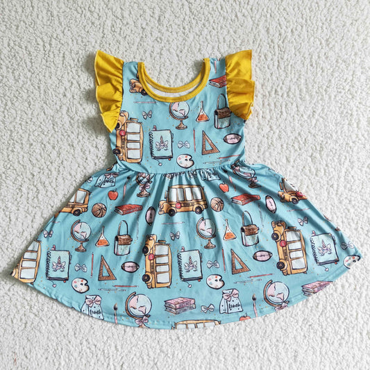GSD0054 School Bus Book Blue Girls Back to School Flutter Sleeve Dress