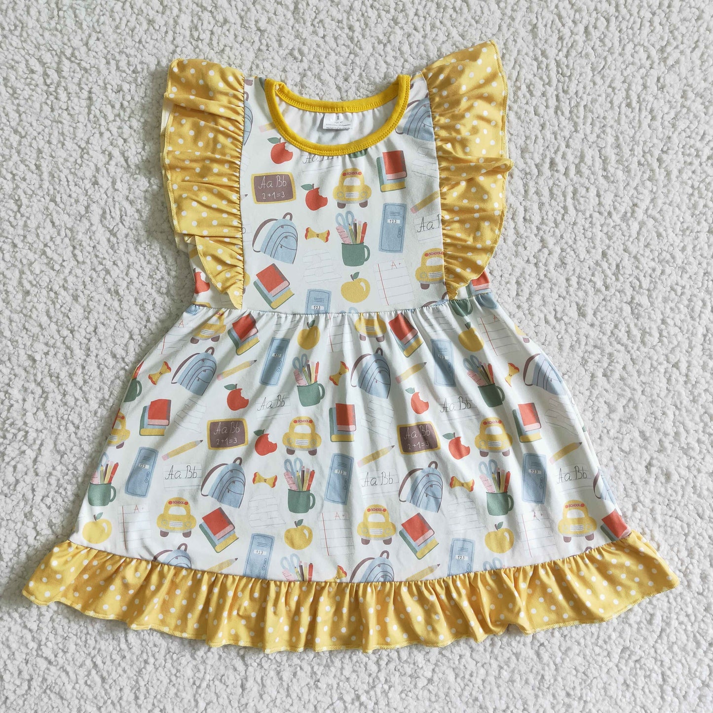 GSD0061 School Bus Book Pen Girls Back to School Flutter Sleeve Dress