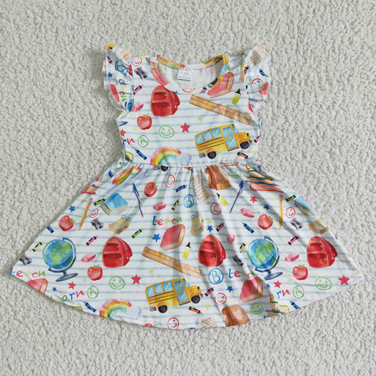 GSD0085 School Bus Book Stripes Girls Back to School Flutter Sleeve Dress
