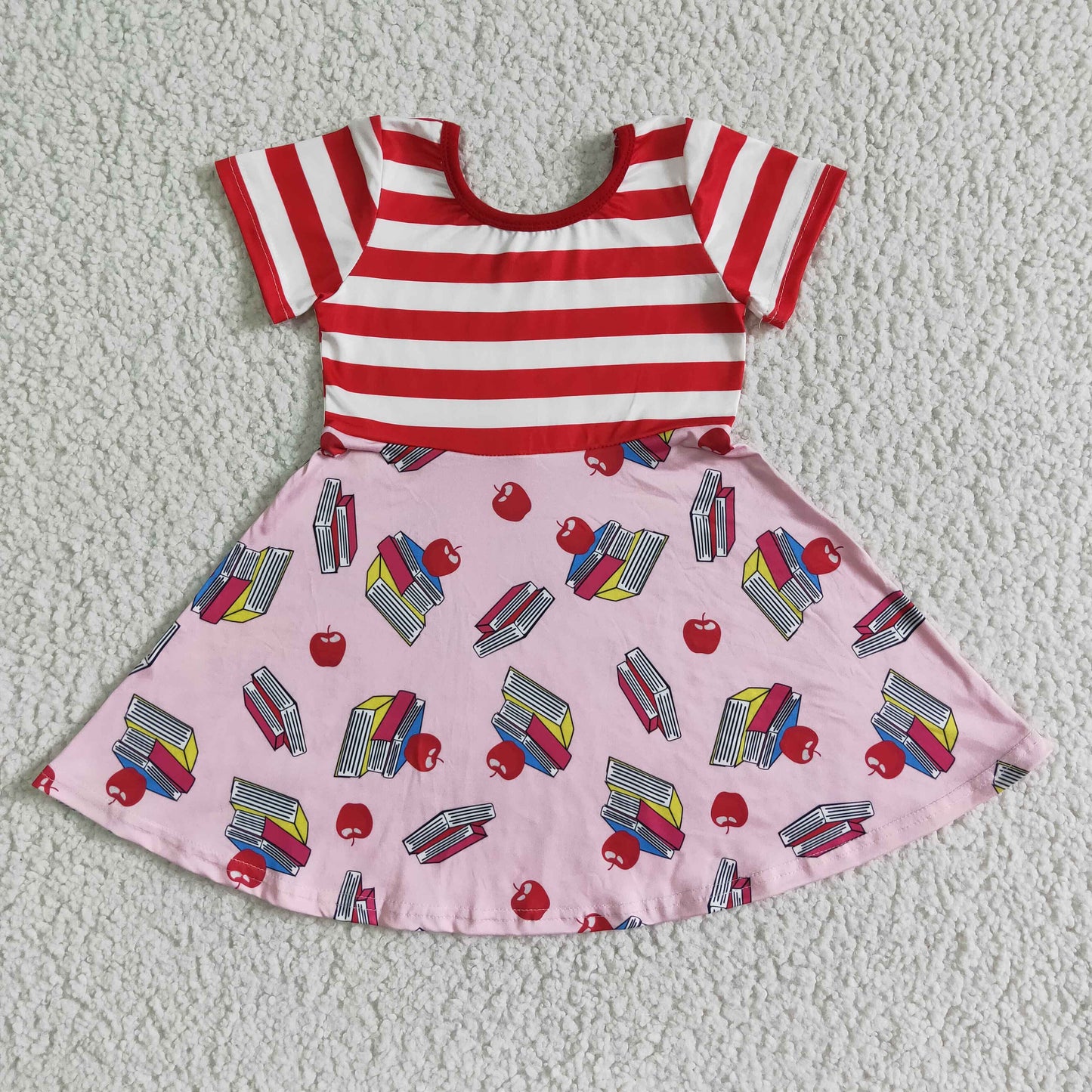 GSD0088 Book Apple Stripes Girls Back to School Short Sleeve Dress