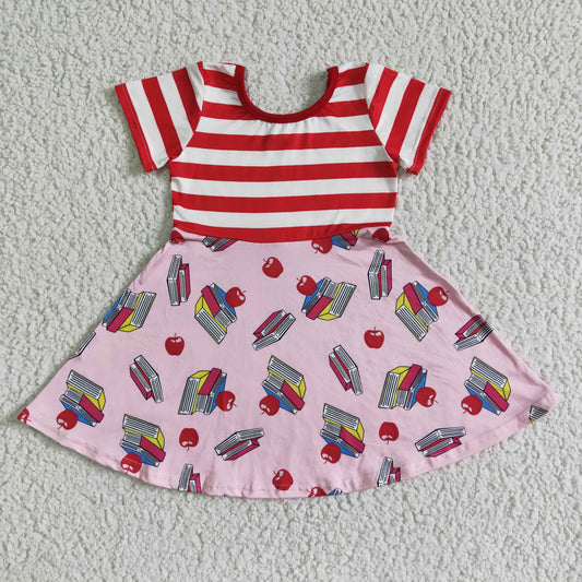 GSD0088 Book Apple Stripes Girls Back to School Short Sleeve Dress