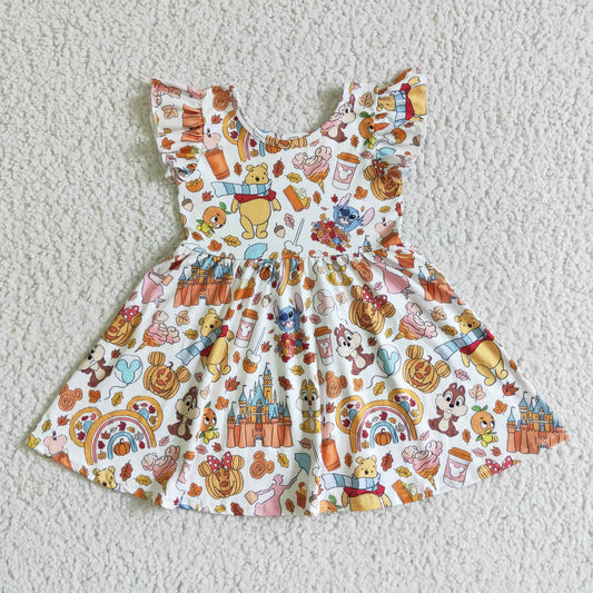 GSD0134 Cartoon Bear Winni* Pumpkin Girls Halloween Knee Length Dress