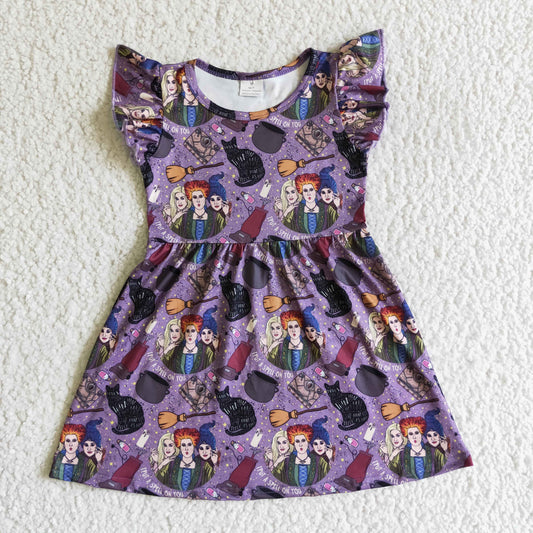 GSD0143 Witch Purple Print Girls Halloween Knee Length Dress