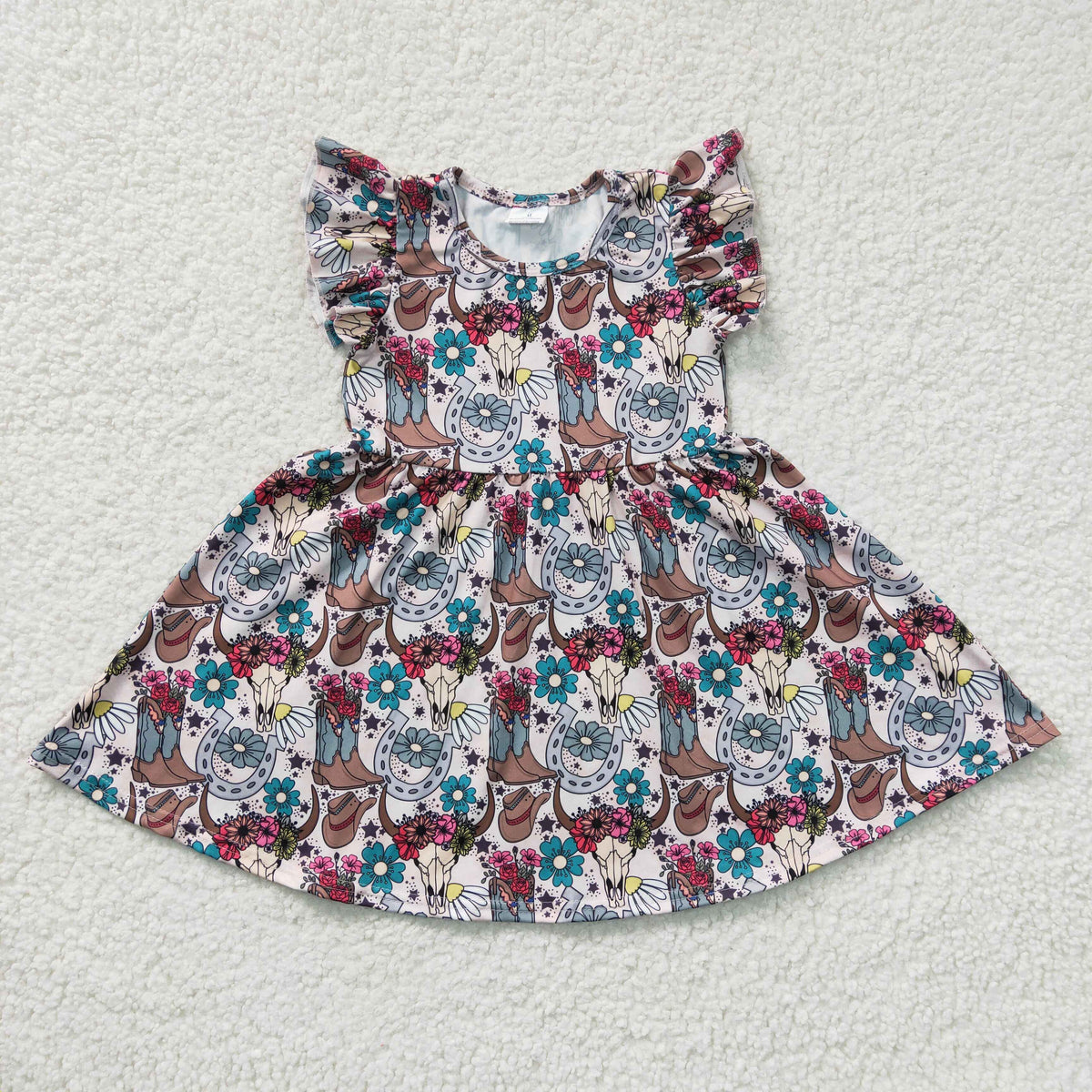 Girls cow skull flowers western print dress  GSD0165