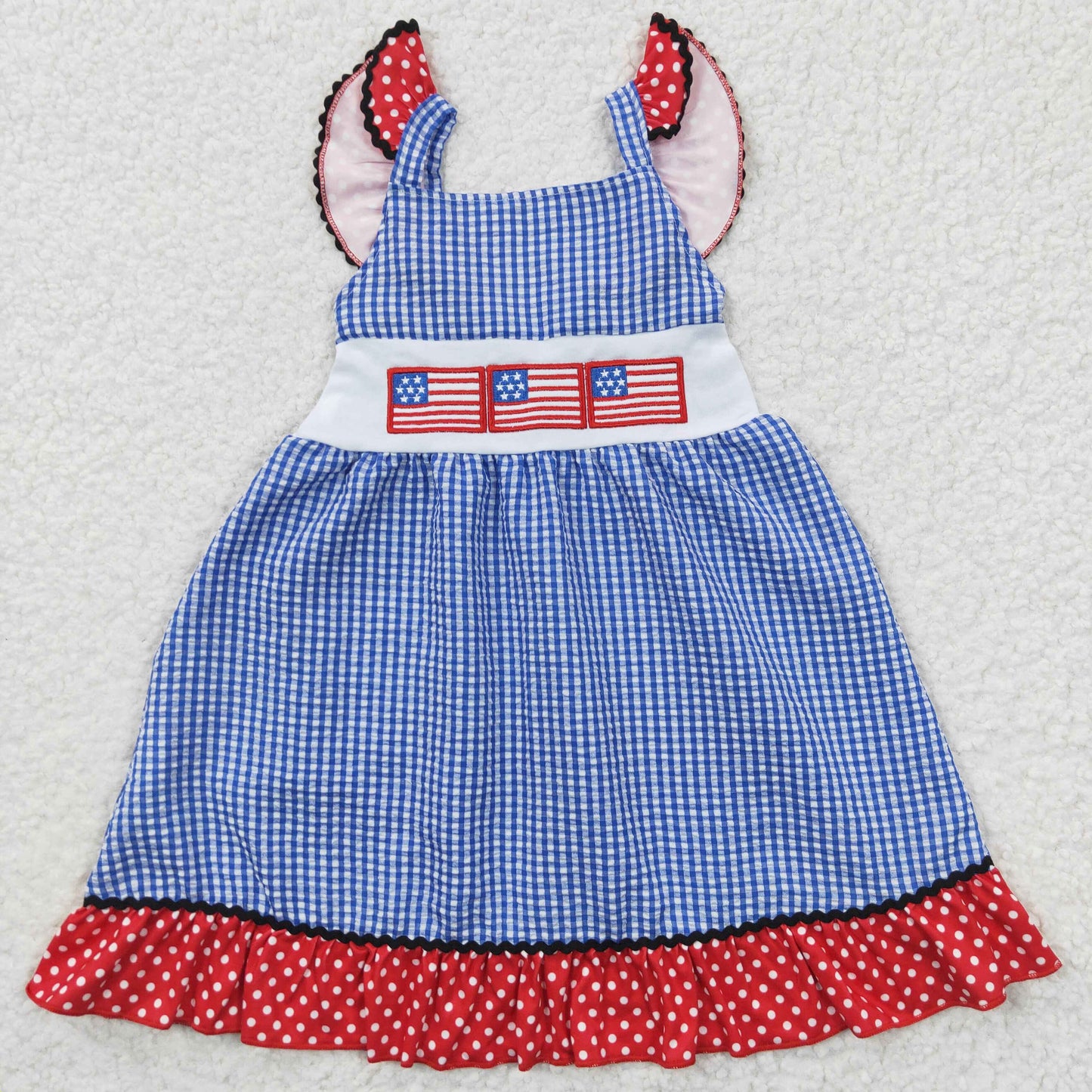 GSD0191 Flag Embroidery Plaid Baby Girls 4th of July Strap Flutter Sleeve Dress