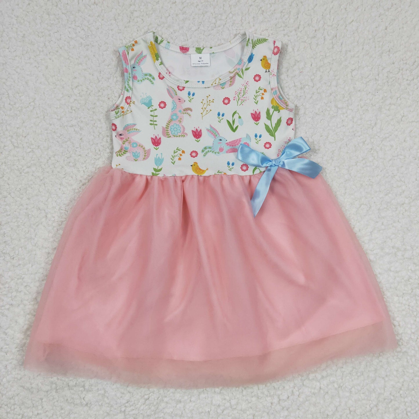 (Promotion)GSD0238 Bunny Flowers Print Girls Easter Tulle Knee Length Dress