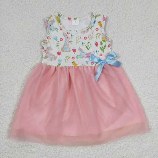 (Promotion)GSD0238 Bunny Flowers Print Girls Easter Tulle Knee Length Dress