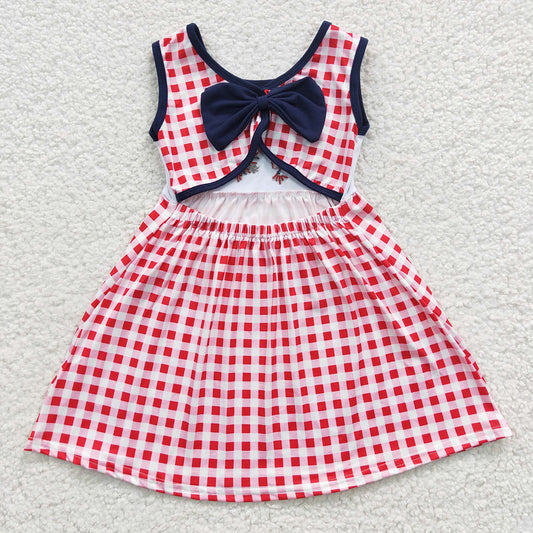 GSD0330 Girls Patriotic Embroidery Fireworks Red Check Sleeveless Dress Backless with Bow