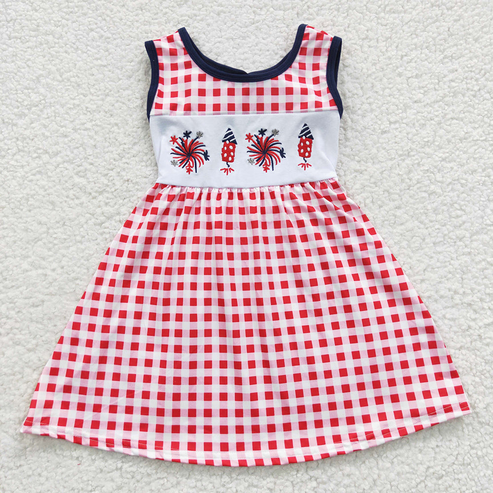 GSD0330 Girls Patriotic Embroidery Fireworks Red Check Sleeveless Dress Backless with Bow
