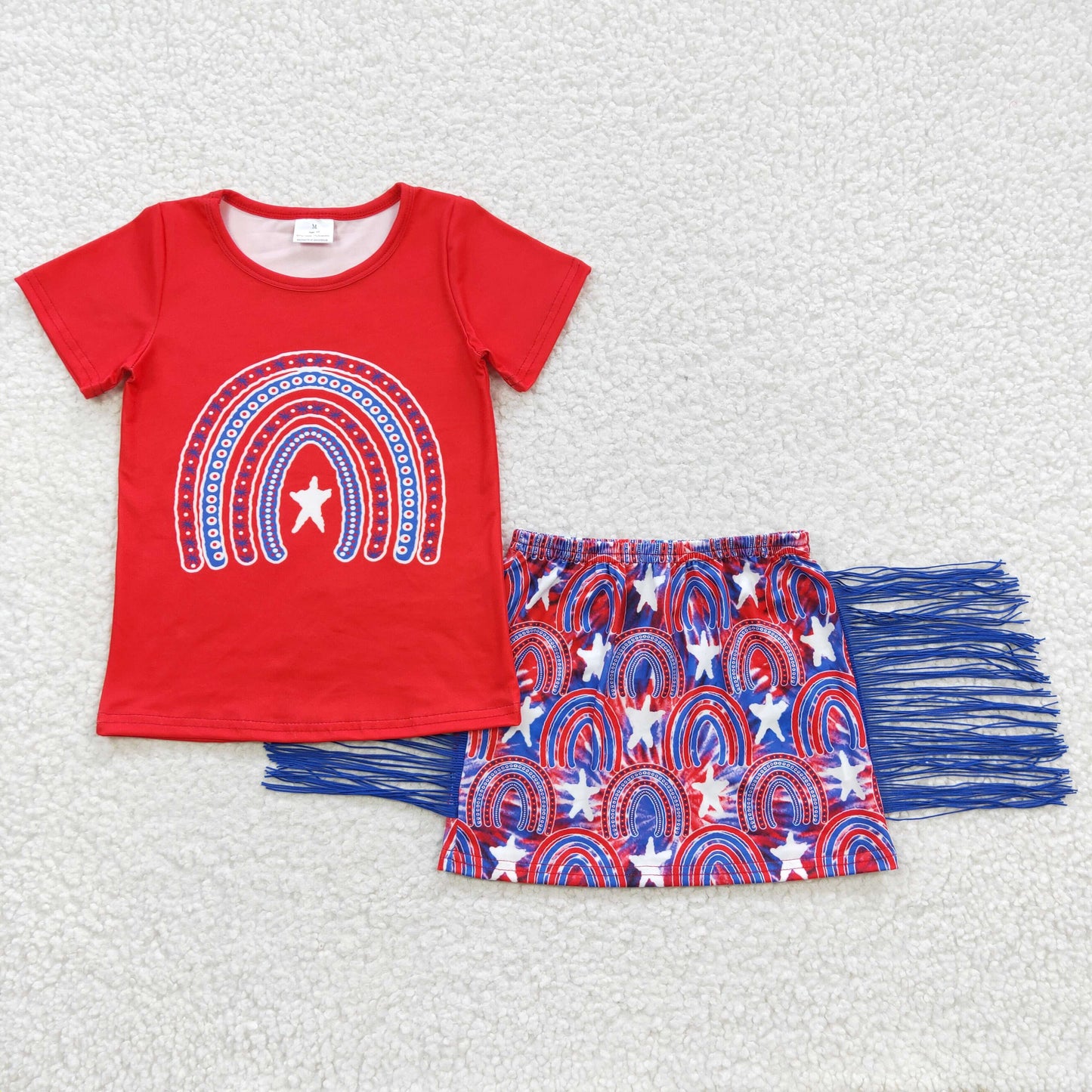 GSD0338 Rainbow Red Top Tassel Skirts Girls 4th of July Clothes Set