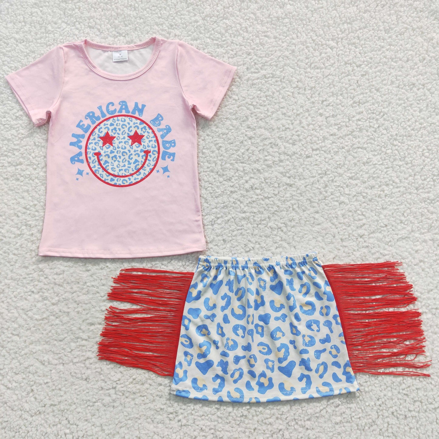 GSD0339 AMERICAN BABE Smiling Top Leopard Tassel Skirts Girls 4th of July Clothes Set