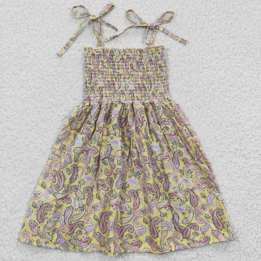 (Promotion)GSD0372 Paisley Yellow Print Girls Summer Strap Knee Length Smocked Dress