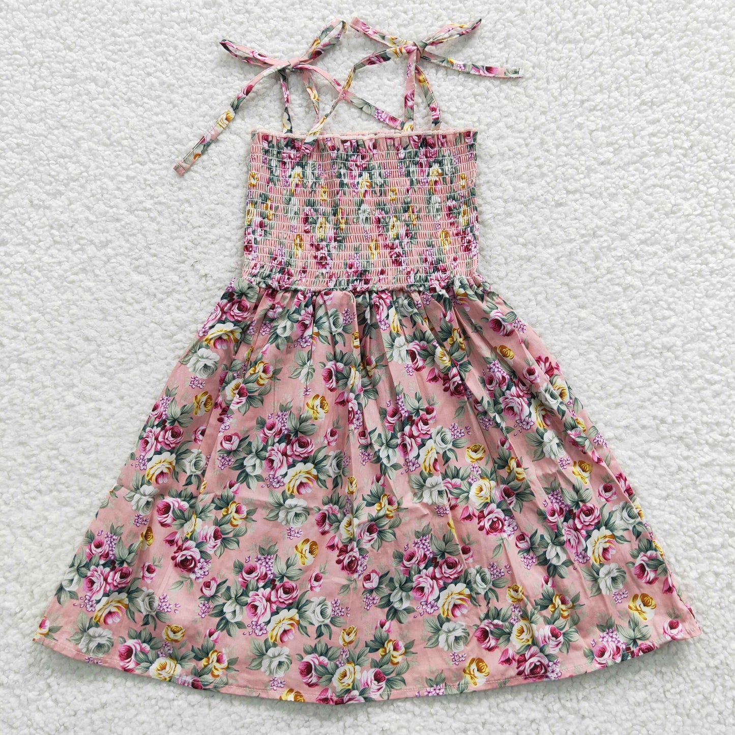 (Promotion)GSD0376 Flowers Pink Print Girls Summer Strap Knee Length Smocked Dress