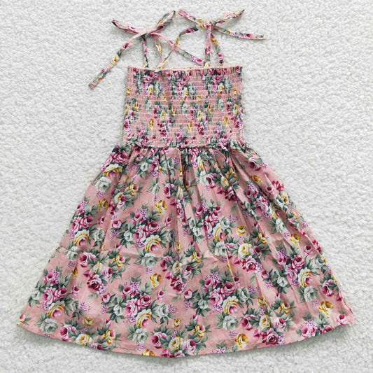 (Promotion)GSD0376 Flowers Pink Print Girls Summer Strap Knee Length Smocked Dress