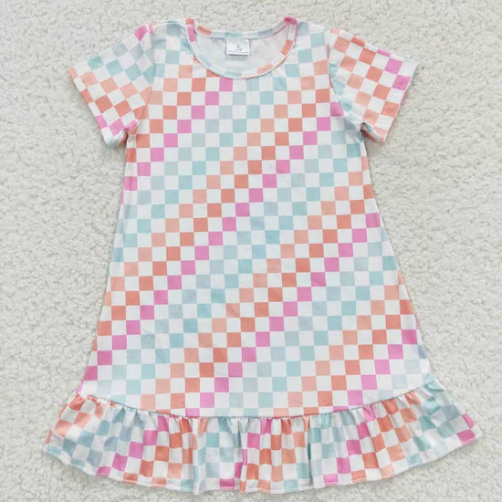 Sibling Baby Girls Flowers Checkered Short Sleeve Knee Length Dresses