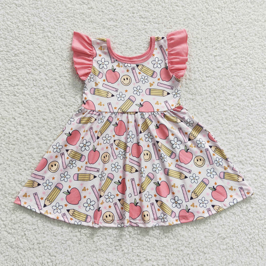 GSD0406 Pen Apple Smiling Flowers Girls Flutter Sleeve Back to School Dress