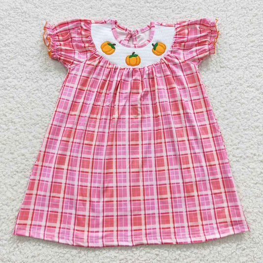 GSD0423 Pumpkin Embroidery Pink Checkerd Print Girls Fall Knee Length Smocked Dress