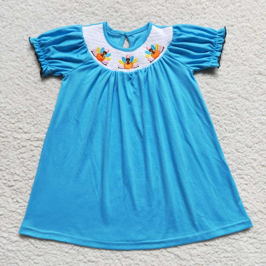GSD0436 Turkey Embroidery Blue Cotton Girls Thanksgiving Knee Length Smocked Dress
