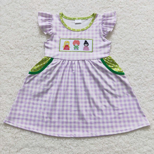 GSD0451 Witch Embroidery Purple Checkerd Girls Halloween Knee Length Dress