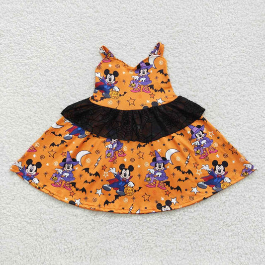 GSD0453 Cartoon Mouse Pumpkin Stars Print Girls Halloween Knee Length Dress