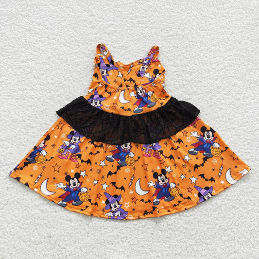 GSD0453 Cartoon Mouse Pumpkin Stars Print Girls Halloween Knee Length Dress