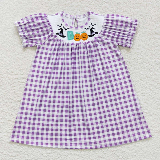GSD0468 BOO Embroidery Purple Checkerd Girls Halloween Knee Length Smocked Dress