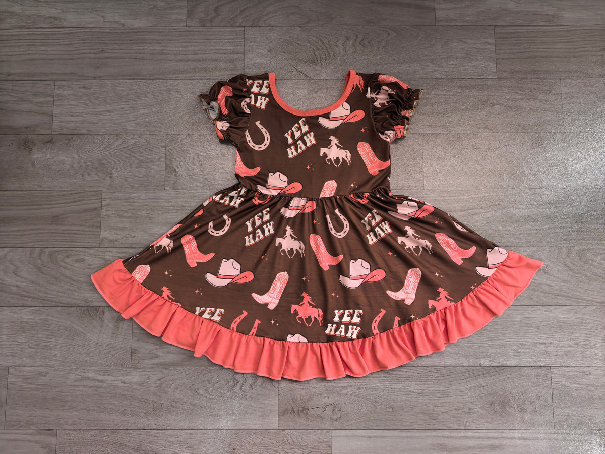 GSD0748 Preorder  YEE HAW Cowgirl Hat Boots Print Girls Western Knee Length Dress