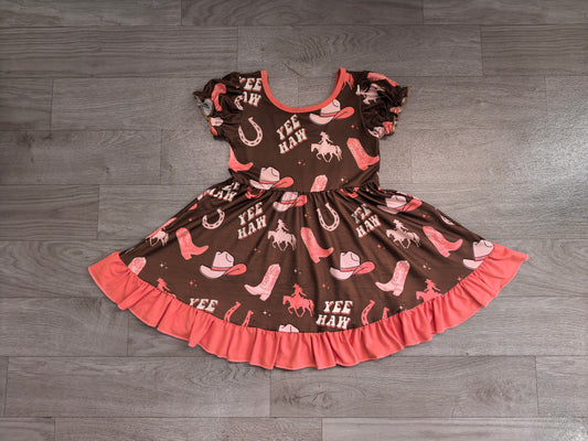 GSD0748 Preorder  YEE HAW Cowgirl Hat Boots Print Girls Western Knee Length Dress