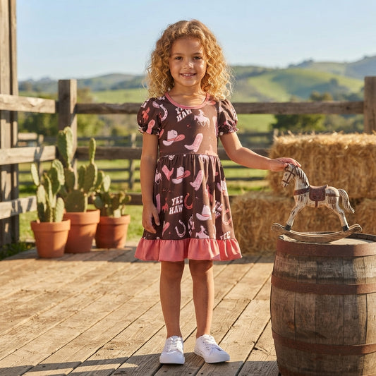 GSD0748 YEE HAW Cowgirl Hat Boots Print Girls Western Knee Length Dress