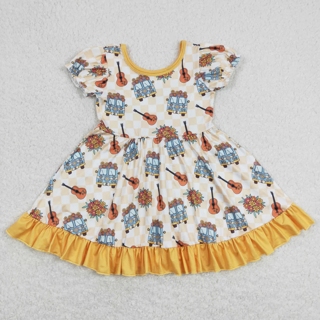 Sibling Baby Girls Flowers Plaid Short Ruffle Sleeve Knee Length Dresses