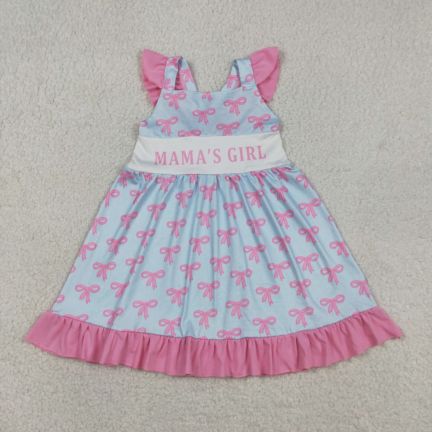 Pink Bow Print Mama's Girl Dress +Ruffle Bubble Romper For Sibling Sister