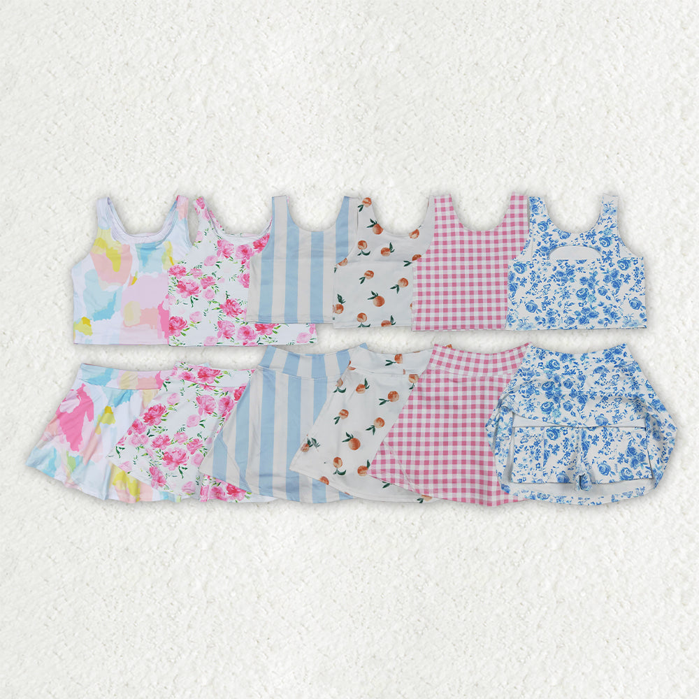 6 Print Tank Top Skirts Shorts Girls Summer Yoga Clothes Set Sibling Wear