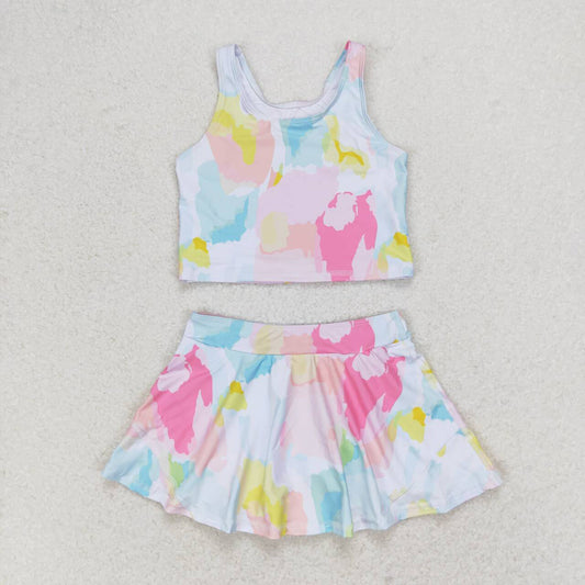6 Print Tank Top Skirts Shorts Girls Summer Yoga Clothes Set Sibling Wear