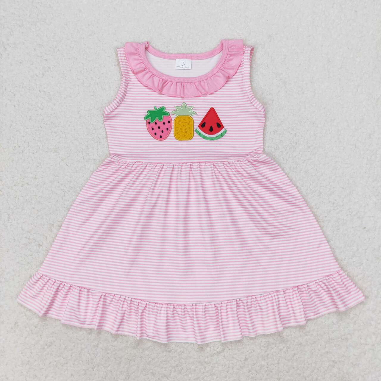 GSD1055 Fruit Watermelon Embroidery Pink Stripes Girls Sleeveless Dress