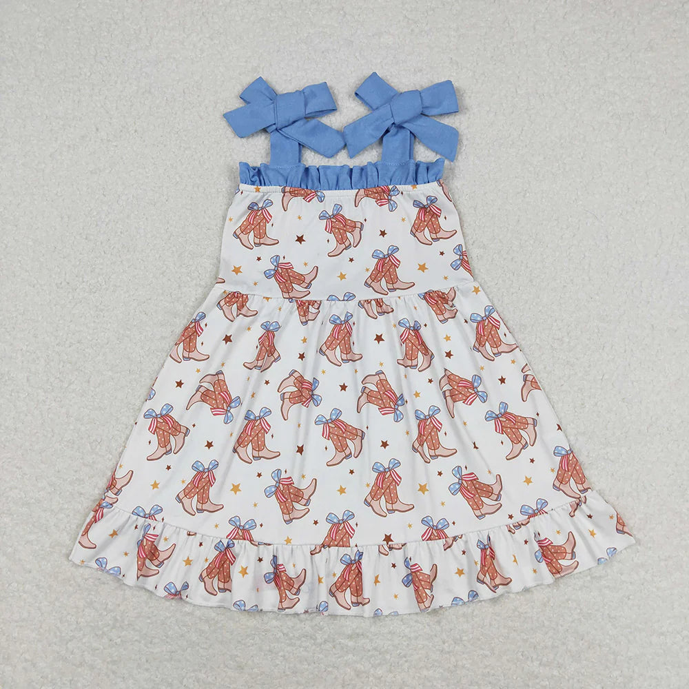 Sibling Baby Girls Straps Boots Bows Western Rompers Dresses