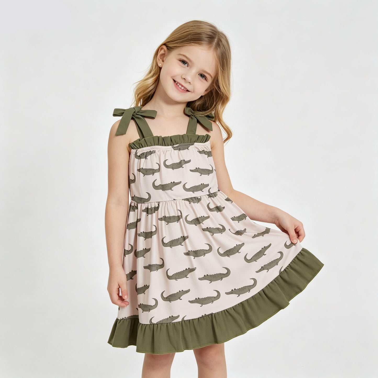 Girls Crocodil* Print Ruffle Strap Dress, Kids Summer Sleeveless Sundress, Toddler Casual Beach Dress