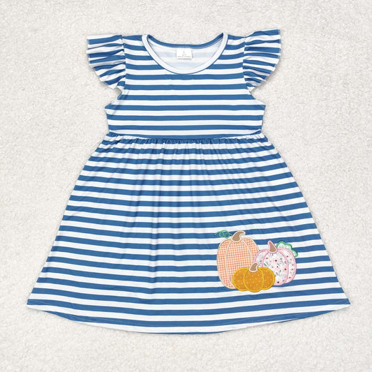 GSD1254 Pumpkin Embroidery Blue Stripes Girls Flutter Sleeve Knee Length Dress