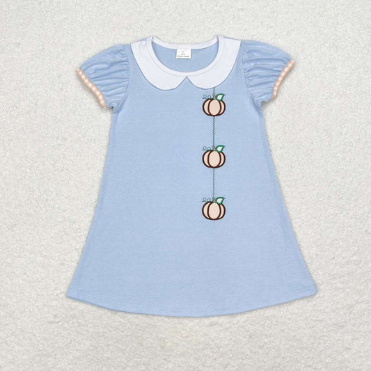 GSD1257 Pumpkin Embroidery Blue Girls Doll Collar Knee Length Dress